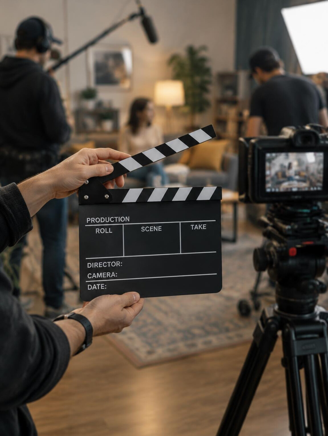 Film crew with clapperboard on set