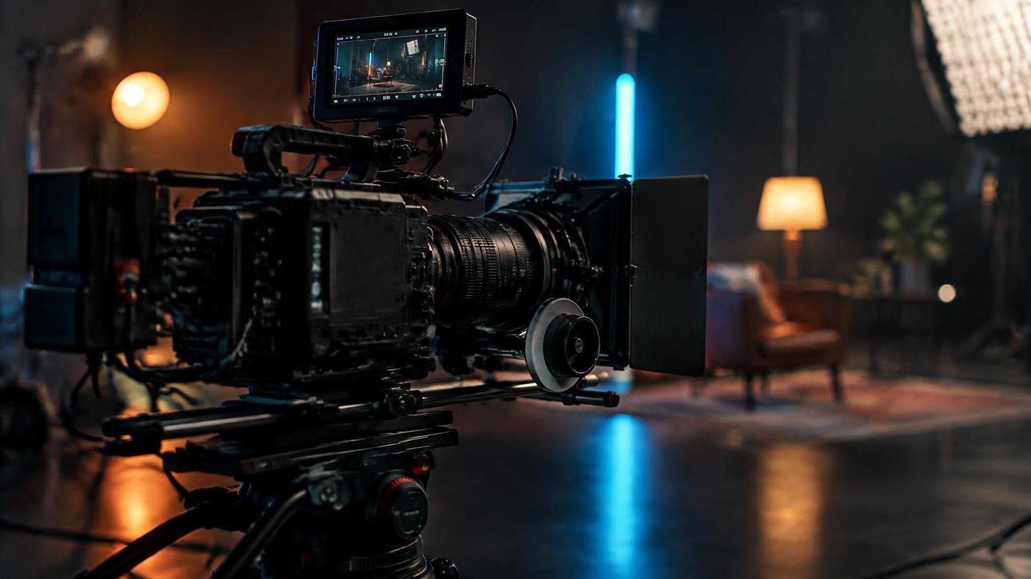 Cinema camera on a set with dark moody lighting
