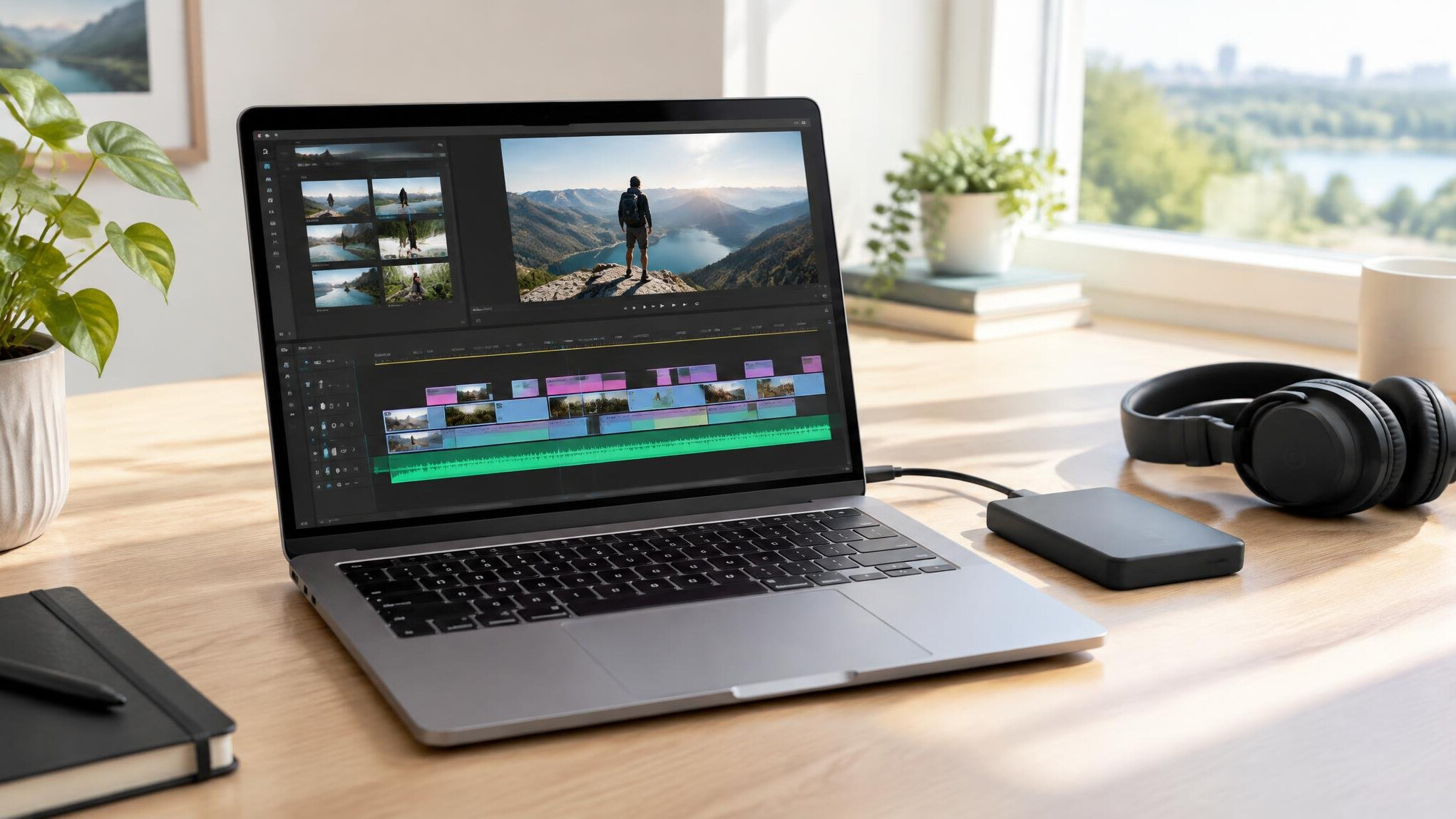 Laptop on a desk with an editing timeline on screen
