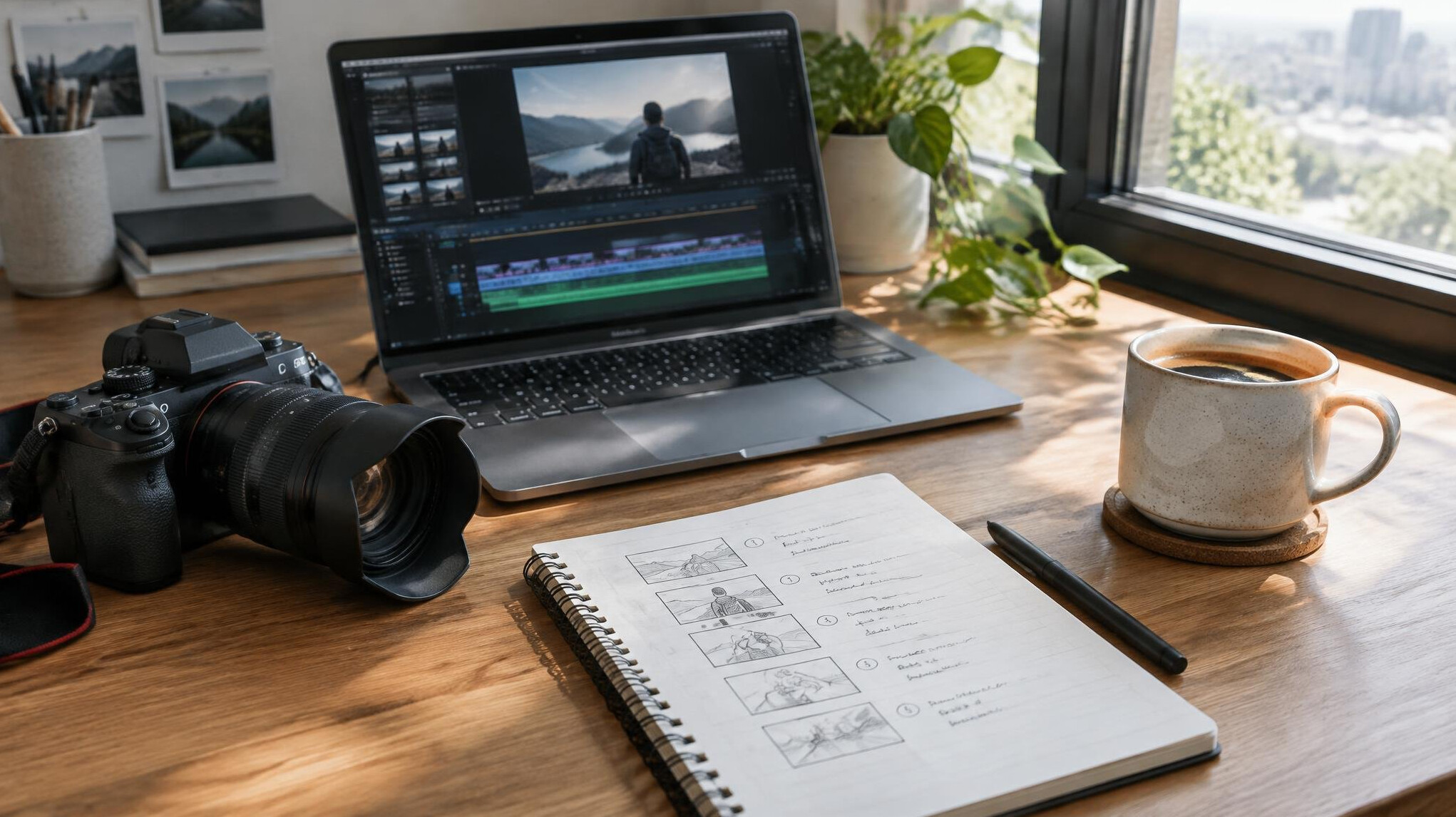 Camera and laptop on a creative desk