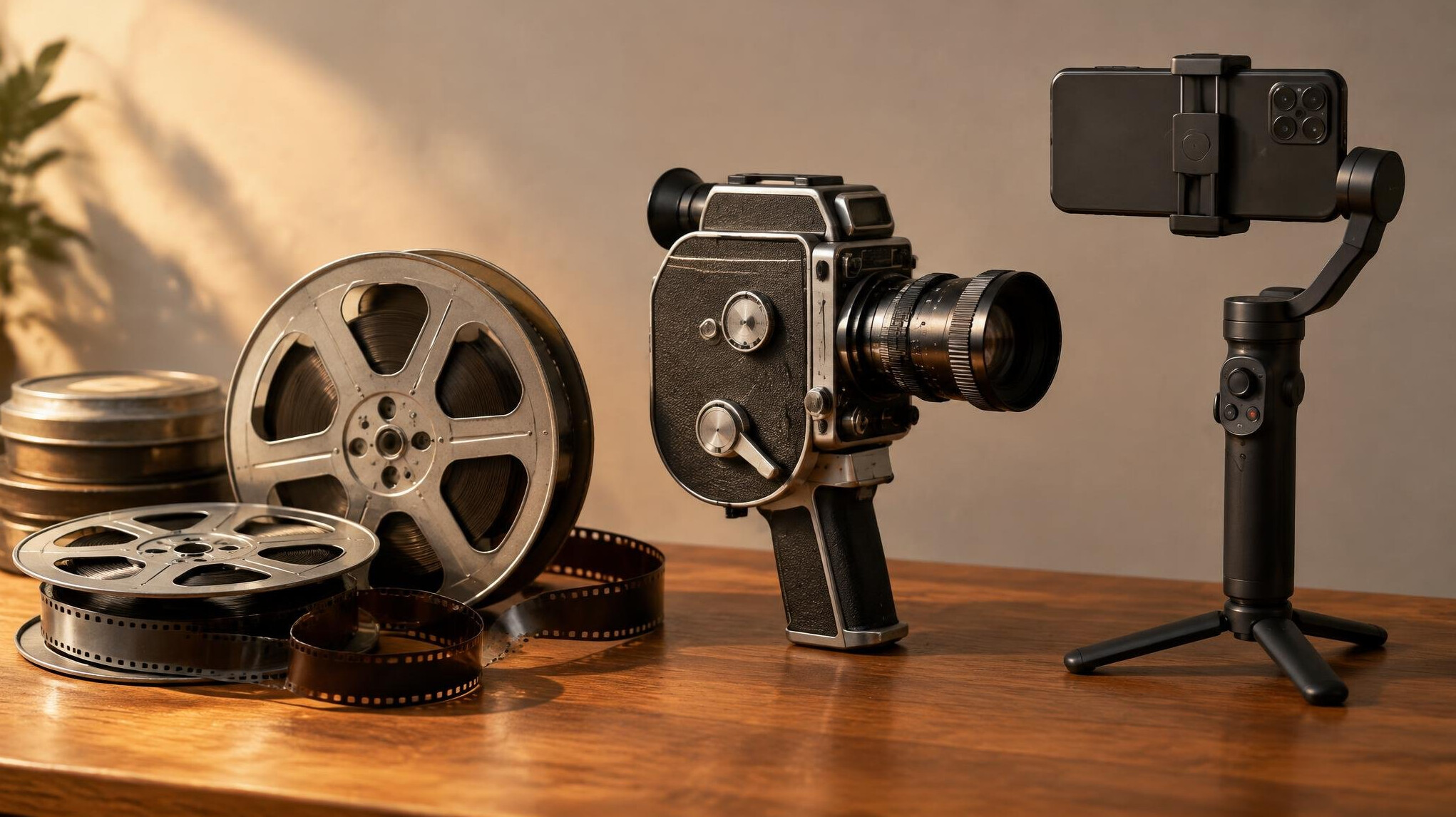 Film reels and camera equipment on a table
