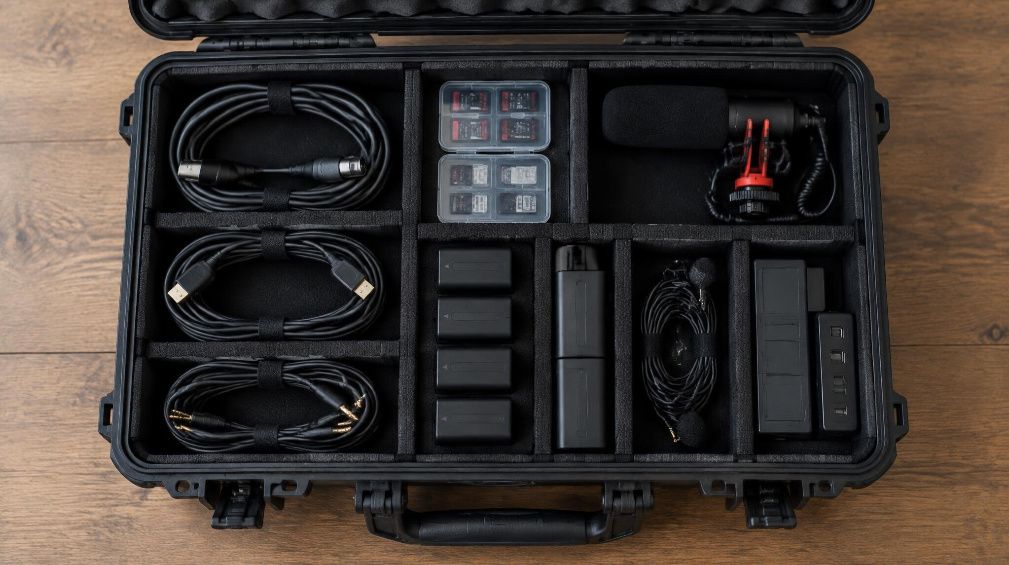 Production equipment case with cables and gear