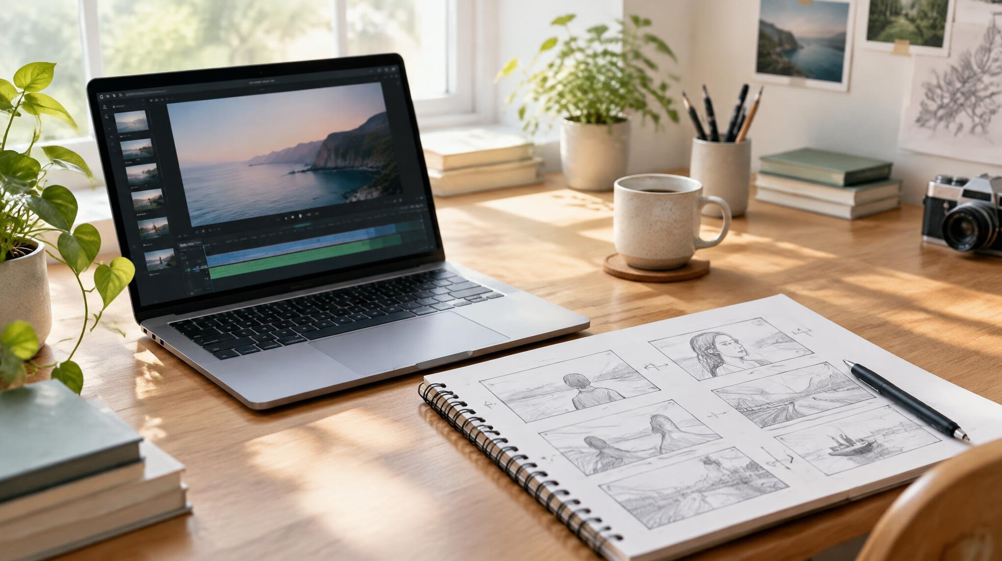 Creative workspace with laptop and notes